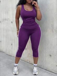 Slaydiva Women's Plus Size 2 Pieces Set: Slim Fit Sleeveless Tank Top With Ruched Waist And Slim Fit 7/8 Length Cycling Pants With Contrast Color Side Tape Splice, Navy Blue Knitted Elastic Fabric - Purple - View 4