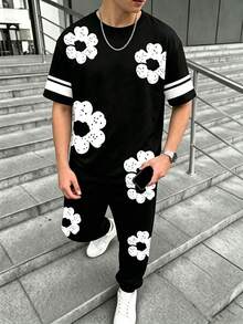 SHEIN 2件組男童春夏休閒花卉印花圓領短袖T恤 + 花卉印花收口長褲附口袋套裝 - 彩色 - 查看 1