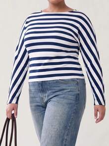 Solavibe Plus Size Navy Blue Colorblock Long Sleeve Casual Traditional T-Shirt, Ribbed Tops For Women, Blue White Stripe, Blouses Autumn Beach Formal Fall - Blue - View 8