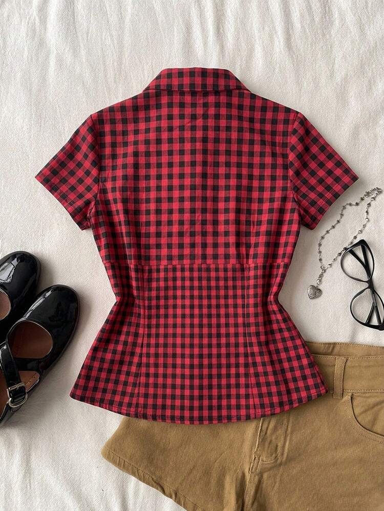 Attitoon Casual Minimalist Street Style Red & Black Large Plaid Patchwork Women's Ruffle Trim Shirt, Suitable For Spring & Summer - Multicolor - View 2