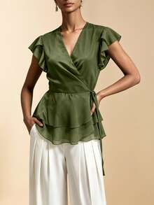 Elafinee Women's Olive Green Chiffon Ruffle V-Neck Waist-Cinching Short Sleeve Blouse, European And American Summer Style - Olive Green - View 3