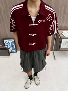 TOKVUE 男士日中風運動短袖襯衫，方正短版剪裁，日式櫻花中式盤扣條紋設計，東方魅力，街頭風，日常通勤，新中式風，日系學院風，中性款，節日禮物 - 酒紅色 - 查看 5