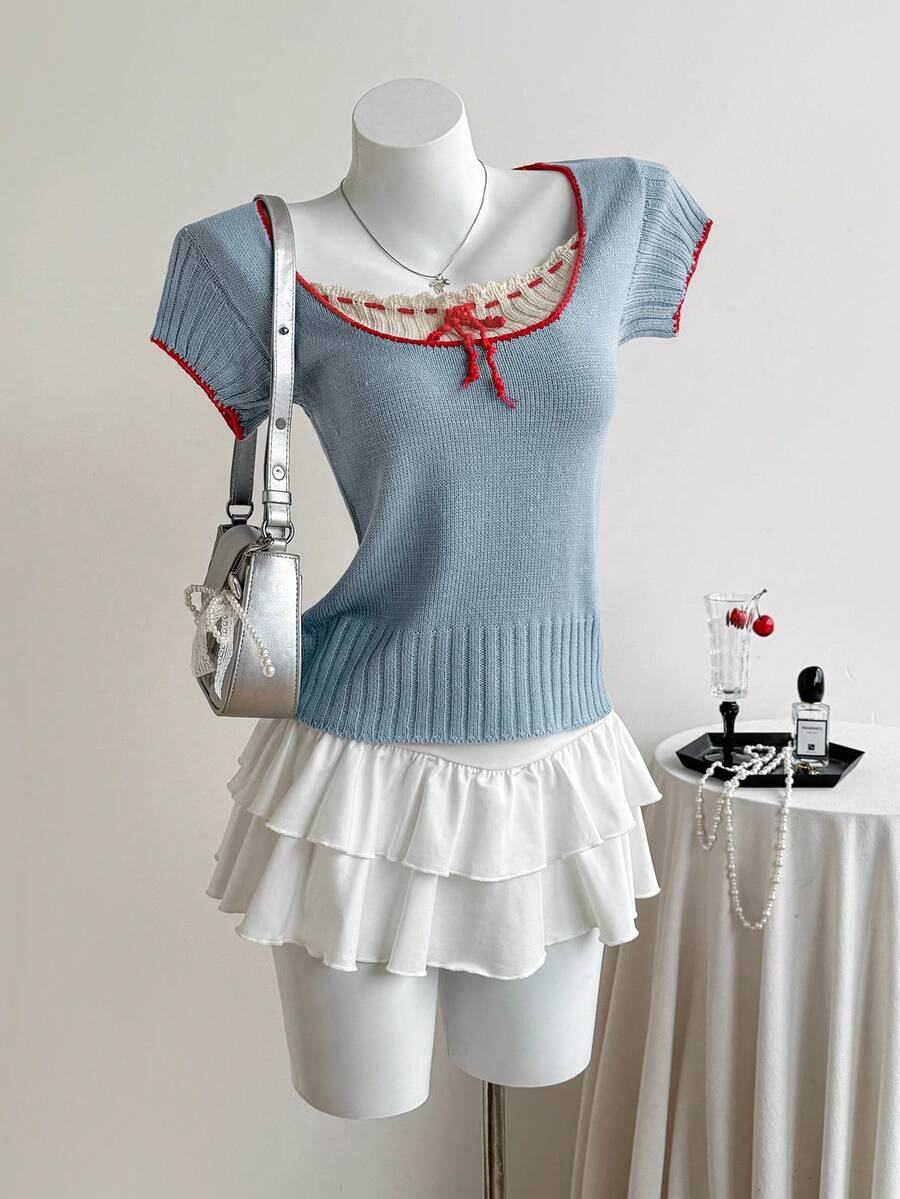 Elamini Y2K Cute Color Block Lace Up Front Square Neck Cropped Knit Tee Short Sleeve Slim Fit Top Brunch Blue Summer - Blue - View 1