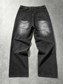 Manfinity Denimwave 男士街頭風哥德式十字印花黑白對比牛仔喇叭褲 - 黑色 - 查看 3