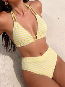 Breezaya 2026新款女款兩件式比基尼泳衣套裝，拼色布料，雙肩帶露背性感設計，適合夏季海灘，性感休閒度假風女款比基尼套裝 - 淡黃色 - 查看 4