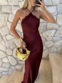 Aloruh 女款優雅蕾絲拼接棕色掛脖洋裝 - 酒紅色 - 查看 1