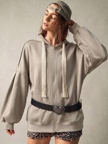 Bohemela Women's Solid Color Drop Shoulder Long Sleeve Zipper Front Drawstring Hooded Fleece Sweatshirt - Apricot - View 5