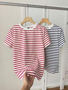SHEIN BASICS 女款條紋拼色休閒日常夏季T恤 2件/組 - 彩色 - 查看 3