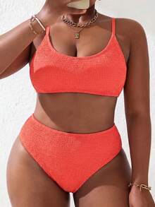 Sweetra CURVE Plus Size Women Textured Spaghetti Strap Beach Bikini Top Vacation Summer - Orange - View 1