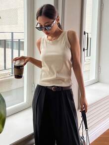 DAZY Solid Rib Knit Tank Top - Beige - View 6