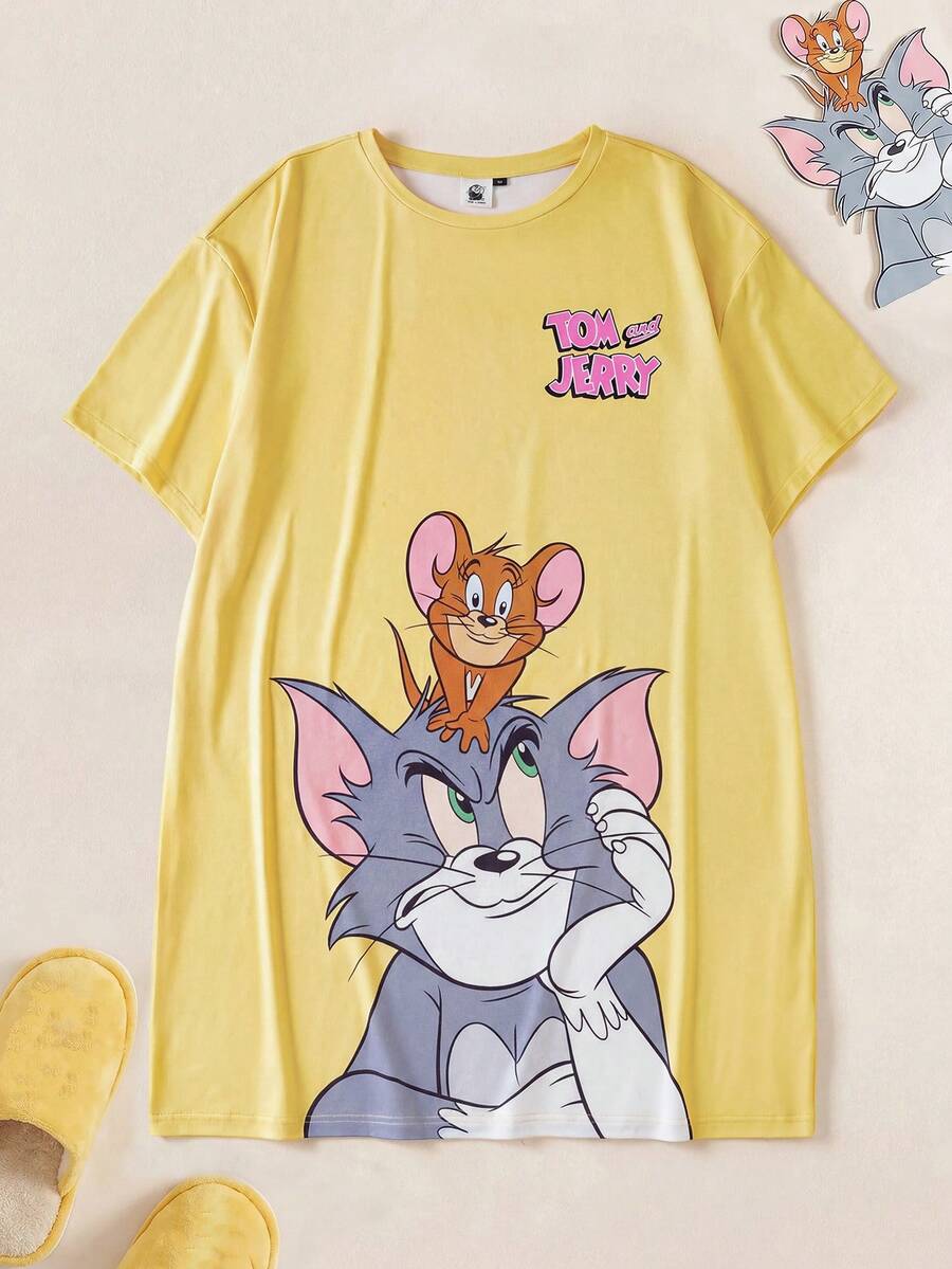 TOM & JERRY X SHEIN Plus Size Cute Cartoon Cat Print Round Neck Short Sleeve Nightgown, Comfortable For Summer - Yellow - View 1
