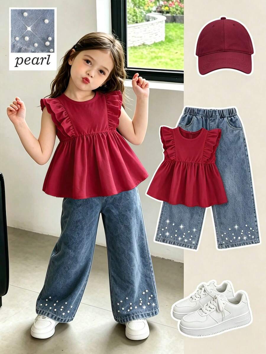 SHEIN Genkimix Kids 两件套：少女可爱简约休闲荷叶边无袖上衣和时尚铆钉牛仔裤