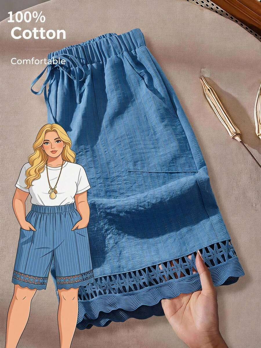 Rusticease Plus Size Solid Color Elastic Waist Drawstring Casual Hollow Out Summer Shorts - Blue - View 1