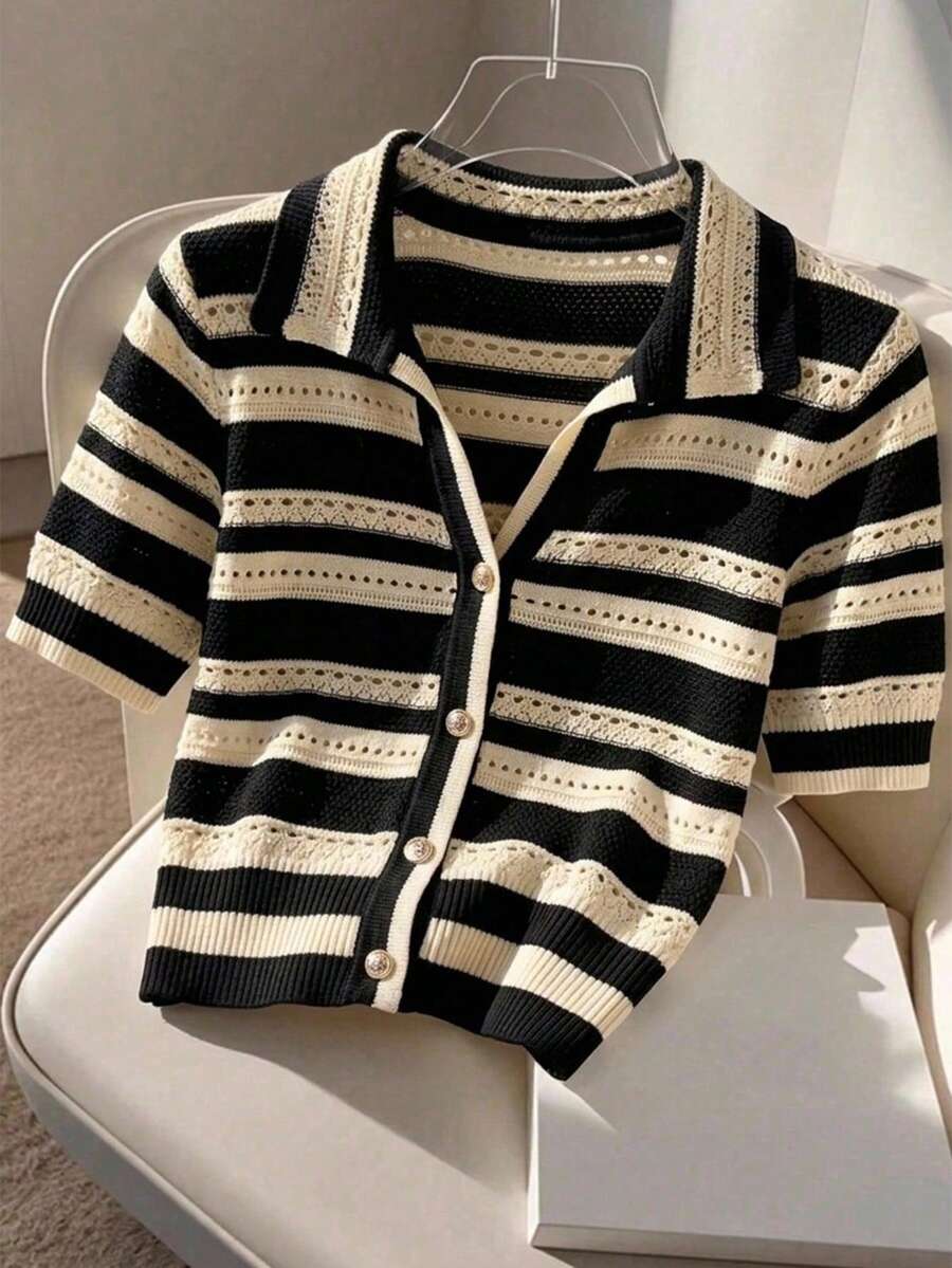 SHEIN Clasi Cardigan tricoté élégant et romantique à rayures et couleurs contrastées, simple boutonnage - Beige - Voir 1