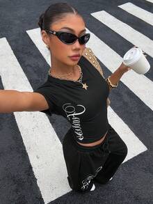 Muchica 女款黑白針織休閒套裝，復古風磨損印花與水洗質感，街頭風旅行夏季穿搭 - 黑色 - 查看 3