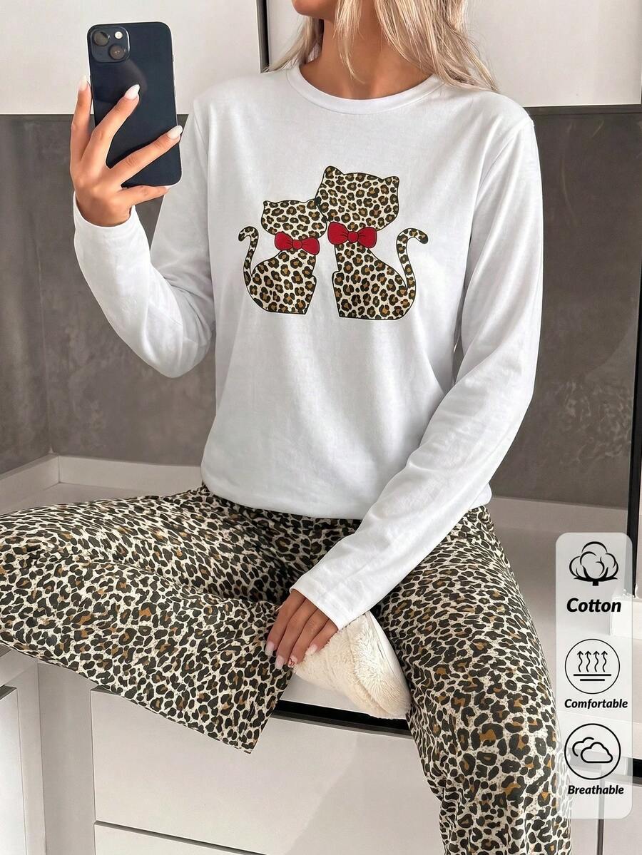 SHEIN Setelan Piyama Wanita 2 Potong Katun Putih Motif Kucing Macan Tutul Lucu: Atasan Lengan Panjang dan Celana Panjang Motif Macan Tutul - Putih - View 1