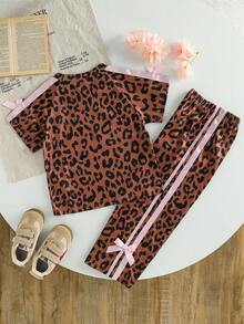 Genkimix Kids 2pcs Young Girl Leopard Print Bow Ribbon Decor Casual Fashion Short Sleeve T-Shirt + Bow Ribbon Decor Casual Fashion Straight Leg Pants - Brown - View 4