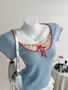 Elamini Y2K Cute Color Block Lace Up Front Square Neck Cropped Knit Tee Short Sleeve Slim Fit Top Brunch Blue Summer - Blue - View 4