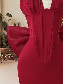 Lovelzi Red Satin Halter Neck Mini Dress Bodycon Backless Detachable Big Bow Ruched Cocktail Theme Party Prom Homecoming Women Formal Wedding Winter Celestial - Burgundy - View 4