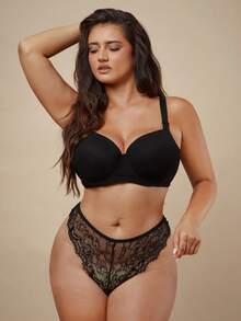 SHEIN BAE CURVE Sutiã Levantador Instantâneo de Tecido Canelado Sólido, Confortável e Casual para Mulheres Plus Size - Preto - Visão 6