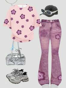 Vintage Floral Pattern Casual Loose Fit Short Sleeve Round Neck T-Shirt And Wide Leg Pants 2-Piece Set, Suitable For Spring & Summer - Multicolor - View 3