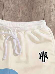 Manfinity Joysei Men's Letter Print Patchwork Drawstring Waist Casual Versatile Daily Wear Shorts, Holiday - Blue - View 4