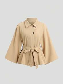 SHEIN Unity 女款 Sweetro 優雅法式通勤辦公披肩式風衣 米色 秋季 - 卡其色 - 查看 1