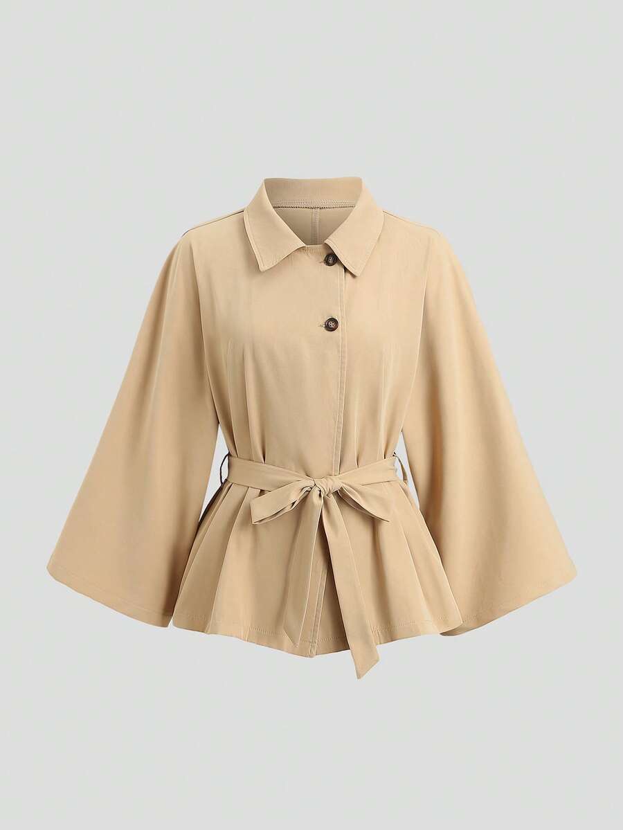 SHEIN Unity 女款 Sweetro 優雅法式通勤辦公披肩式風衣 米色 秋季 - 卡其色 - 查看 1