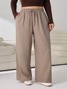 Solflare Plus Size Women's Solid Color Drawstring Waist Casual Versatile Wide Leg Pants For Daily Wear - Camel - View 3