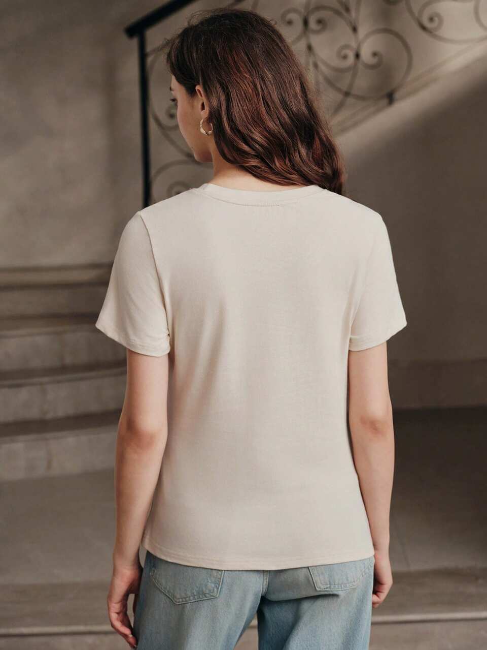 Anewsta Women's Summer Casual Elegant Lace Trim T-Shirt Brunch Beige