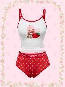 Strawberry Shortcake | ROMWE Conjunto de lencería inalámbrica talla grande con estampado lindo de fresa, sujetador y bragas - Multicolor - Ver 1