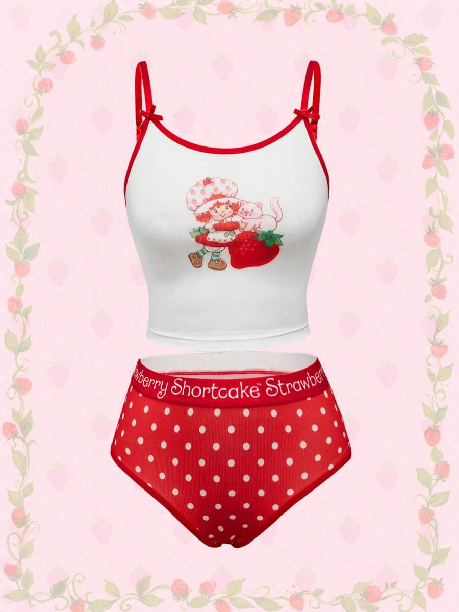 Strawberry Shortcake | ROMWE Conjunto de lencería inalámbrica talla grande con estampado lindo de fresa, sujetador y bragas - Multicolor - Ver 1
