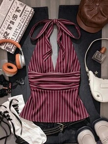Attitoon Halter Deep V-Neck Cinched Waist A-Line Backless Old Money Style Tank Top - Burgundy - View 2