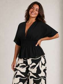 ELLERISSA Plus Size Black Kimono Top & Printed Trousers Co-Ord Set - Black - View 3