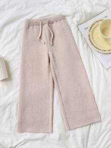 SHEIN Young Girls Sweaters Pants Wide Leg Straight Leg Comfortable Soft Versatile Solid Color Pink Autumn Winter Casual Princess Baby Shower - Khaki - View 2
