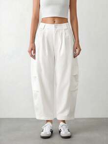 SHEIN PETITE Women's Solid Color Pleated Casual Versatile Daily Travel Long Pants - White - View 8