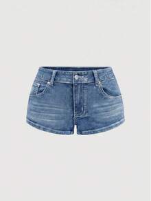 ROMWE Grunge Punk Y2K Hot Girl Style Vintage Washed Pocket Union Jack Print Ultra Low Waist Denim Shorts - Baby Blue - View 2