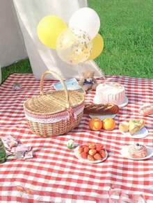 1pc Handwoven Wicker Picnic Basket – Double Lid Storage Hamper With Handle, Natural Willow Fruit Basket For Camping, Shopping, Wedding Decor, Farmhouse Storage - multicolor - View 6