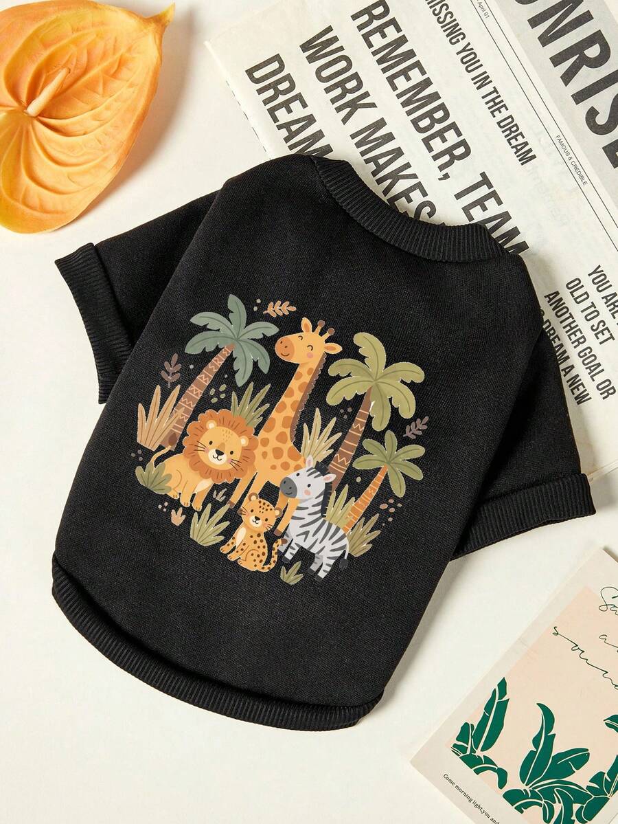 PETSIN 1pc Standing Under A Coconut Tree On The Beach With A Lion, Zebra, Giraffe, Leopard Pattern Printed Casual In Black, Soft, Comfortable, Breathable, And Anti Shedding Pet Clothing - Black - View 1