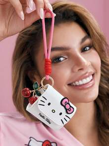 HELLO KITTY AND FRIENDS | SHEIN Piccola pochette portaoggetti con stampa gatto carino, con ciondolo a ciliegia e cordino intrecciato, ideale anche come portamonete o decorazione per borse - Fiocco rosa - Visualizzare 1