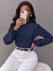 SHEIN Clasi Confetti Heart Print Bishop Sleeve Frilled Neck Blouse Fall Cloth For Women - Navy Blue - View 3