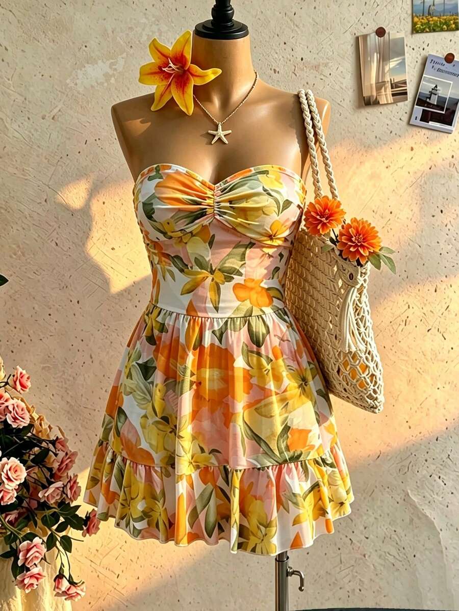 INAWLY Women's Floral Print Strapless Mini Vacation Dress - Multicolor - View 1