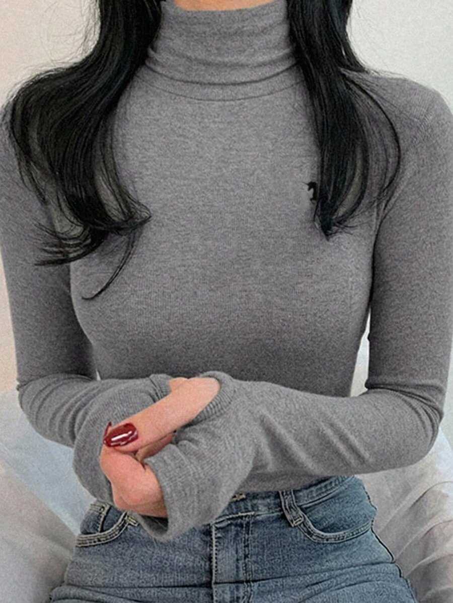 DAZY Women's High Neck Embroidered Fitted Base Layer T-Shirt - Grey - View 1