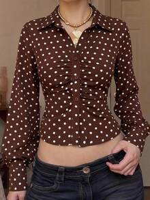 SHEIN EZwear 棕色編織波點女款休閒襯衫 - 咖啡棕 - 查看 9