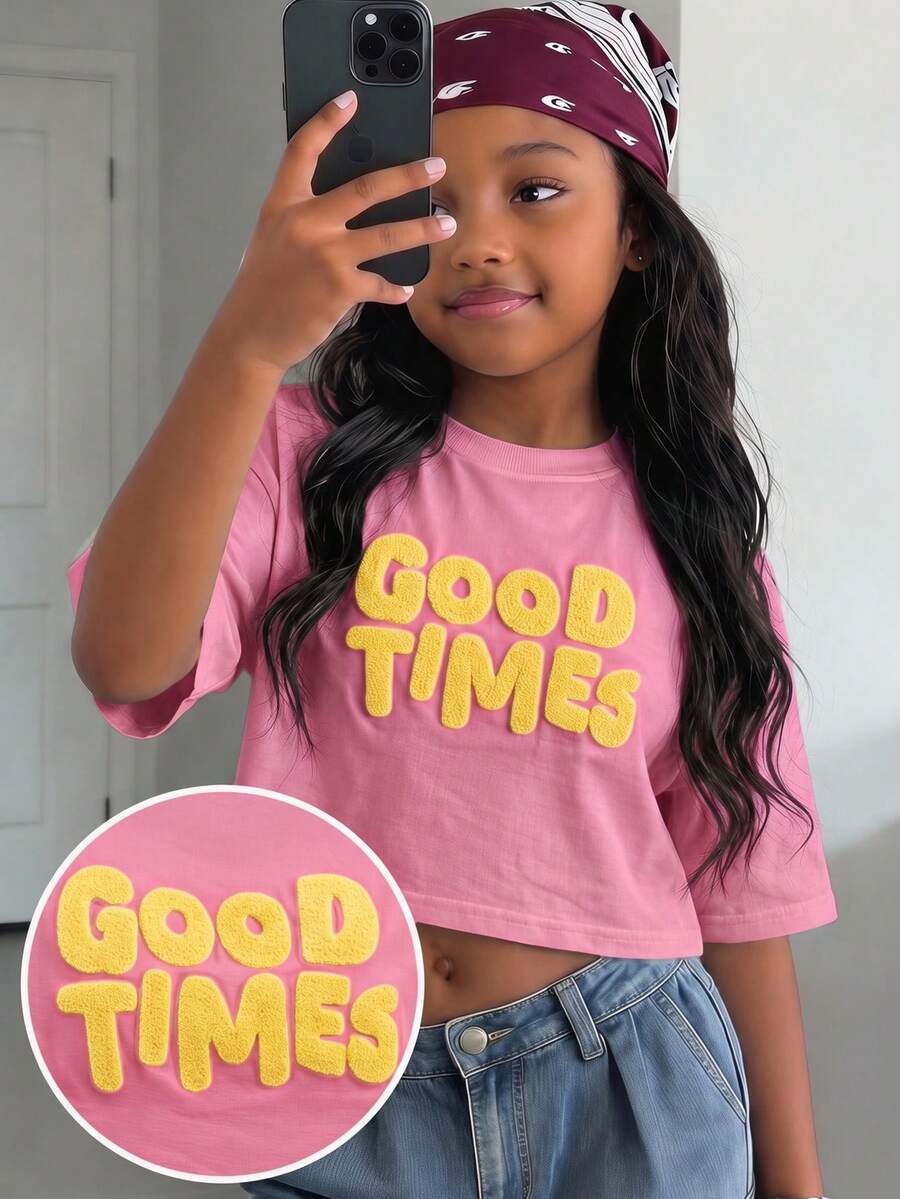 SHEIN Sportliches Streetstyle-Kurzarm-Top für Kinder und Tween-Mädchen, Frühling/Sommer, Strick-Mesh, Rundhalsausschnitt, sportlich-lässig, Mommy-and-Me-Partnerlook (2 Sets, separat erhältlich) - Pink - Übersicht 1