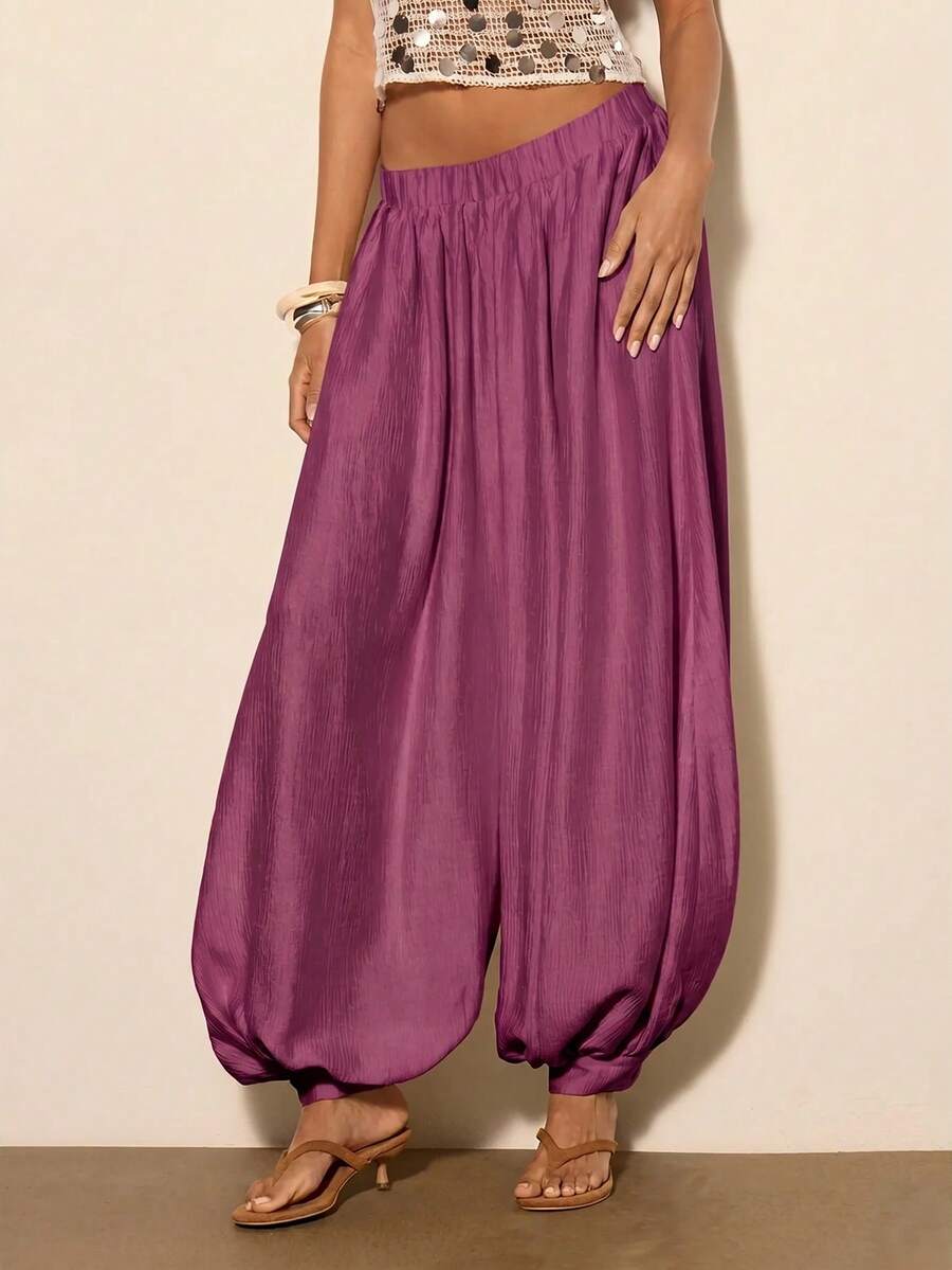 COSMINA Women's Solid Color Pleated Casual Boho Versatile Daily Lantern Pants Everyday Vacation Dark Purple Fall - Burgundy - View 1