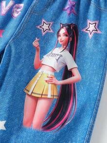 Cool Girl Denim Effect Print Wide Leg Jeans For Girls Elastic Waist Easy To Put On And Take Off Cartoon Idol Girl Star All-Over Print Pattern Pantalon - Blue - View 7