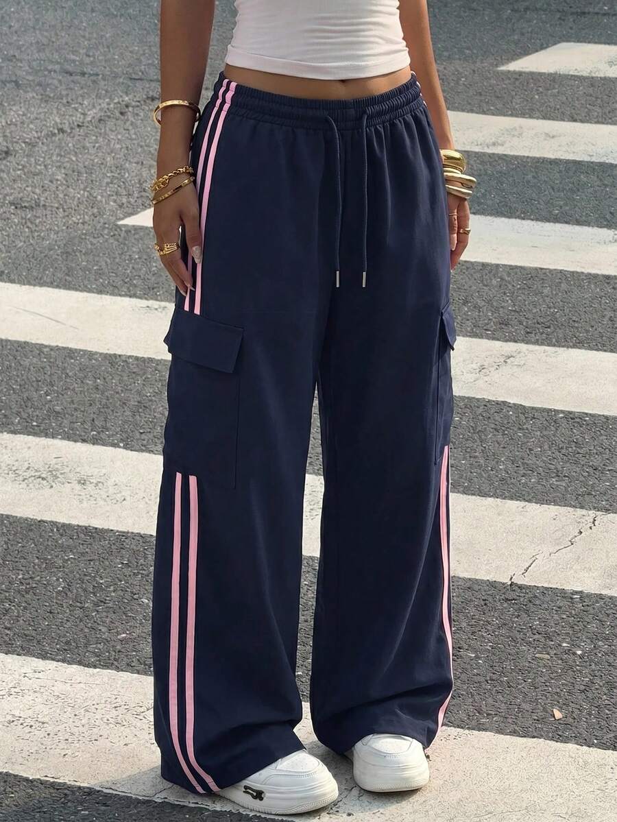 SHEIN EZwear 女式休闲多色抽绳腰带条纹侧袋裤 - 彩色 - 查看 1