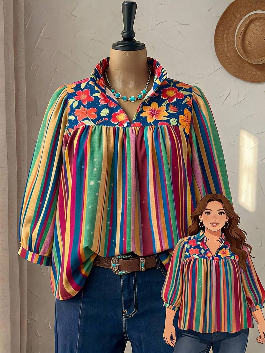 Rusticease Plus Size Women's Floral Striped Long Sleeve Casual Vacation Shirt Fall - Multicolor - View 1