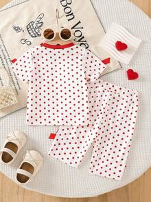 SHEIN 新生女嬰粉黑時尚套裝 短袖上衣搭配3D蝴蝶結可愛套裝 適合0-9個月嬰兒 - 紅白色 - 查看 2
